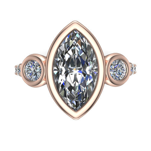 Chloe marquise three stone engagement ring in 14K Rose Gold, top-down view showing the bezel-set center flanked by two round side stones in bezels over a pav&eacute; band