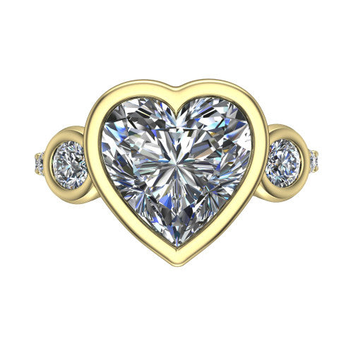 Chloe heart three stone engagement ring in 14K Yellow Gold, top-down view showing the bezel-set center flanked by two round side stones in bezels over a pav&eacute; band