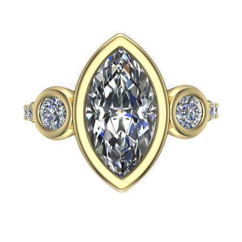 Chloe marquise three stone engagement ring in 18K Yellow Gold, top-down view showing the bezel-set center flanked by two round side stones in bezels over a pav&eacute; band