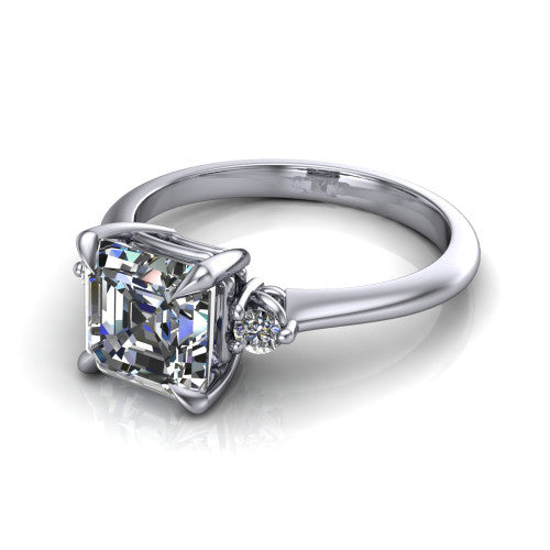 Olive asscher three stone engagement ring in 14K White Gold, three-quarter perspective showing the center diamond between two round side stones on a slim polished band