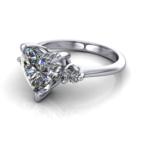 Olive heart three stone engagement ring in 14K White Gold, three-quarter perspective showing the center diamond between two round side stones on a slim polished band