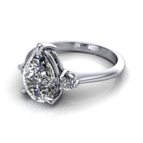 Olive pear three stone engagement ring in 14K White Gold, three-quarter perspective showing the center diamond between two round side stones on a slim polished band