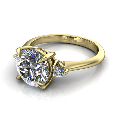 Olive round three stone engagement ring in 14K Yellow Gold, three-quarter perspective showing the center diamond between two round side stones on a slim polished band