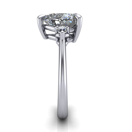 Olive heart three stone engagement ring in Platinum, side profile showing the round side stone and the smooth tapered polished band