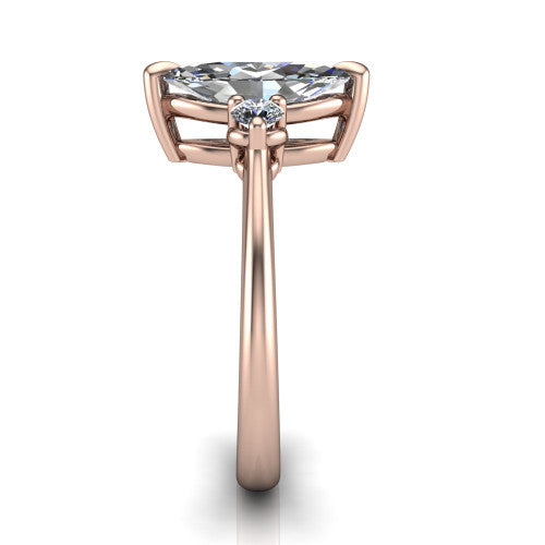 Olive marquise three stone engagement ring in 14K Rose Gold, side profile showing the round side stone and the smooth tapered polished band