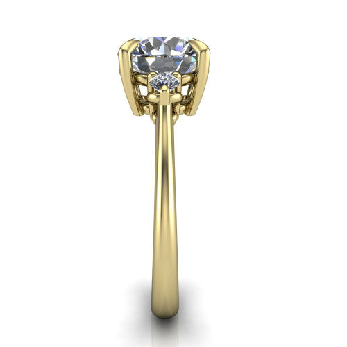 Olive round three stone engagement ring in 18K Yellow Gold, side profile showing the round side stone and the smooth tapered polished band