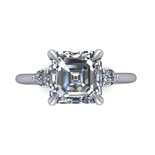 Olive asscher three stone engagement ring in 14K White Gold, top-down view showing the center diamond flanked by two round side stones in a classic three stone setting