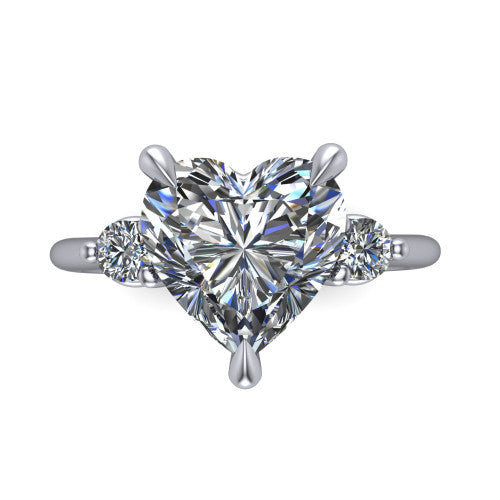 Olive heart three stone engagement ring in 14K White Gold, top-down view showing the center diamond flanked by two round side stones in a classic three stone setting