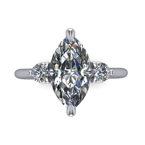 Olive marquise three stone engagement ring in Platinum, top-down view showing the center diamond flanked by two round side stones in a classic three stone setting