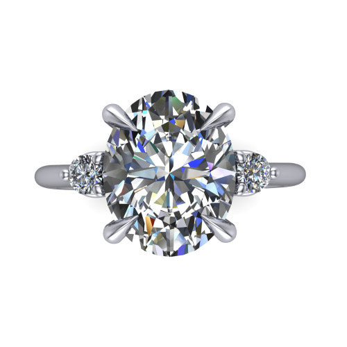 Olive oval three stone engagement ring in 14K White Gold, top-down view showing the center diamond flanked by two round side stones in a classic three stone setting