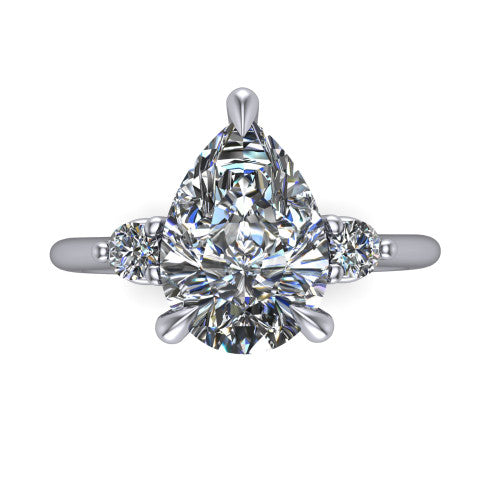 Olive pear three stone engagement ring in 14K White Gold, top-down view showing the center diamond flanked by two round side stones in a classic three stone setting