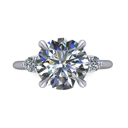 Olive round three stone engagement ring in Platinum, top-down view showing the center diamond flanked by two round side stones in a classic three stone setting