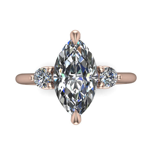 Olive marquise three stone engagement ring in 14K Rose Gold, top-down view showing the center diamond flanked by two round side stones in a classic three stone setting