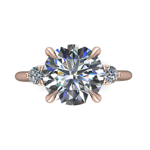 Olive round three stone engagement ring in 18K Rose Gold, top-down view showing the center diamond flanked by two round side stones in a classic three stone setting
