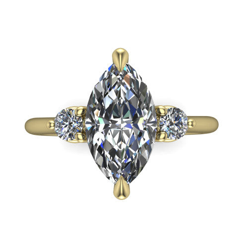 Olive marquise three stone engagement ring in 18K Yellow Gold, top-down view showing the center diamond flanked by two round side stones in a classic three stone setting