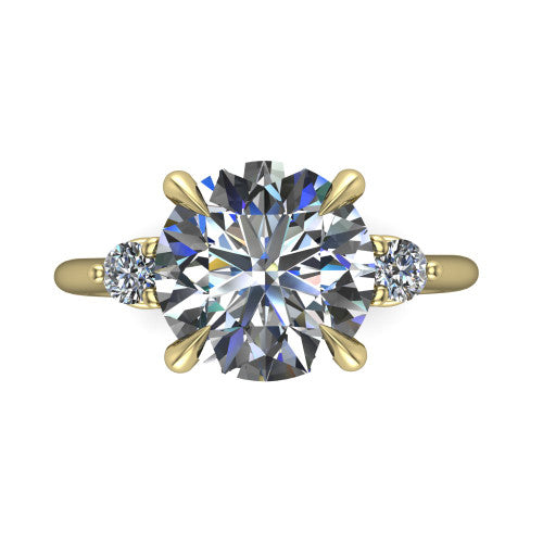 Olive round three stone engagement ring in 18K Yellow Gold, top-down view showing the center diamond flanked by two round side stones in a classic three stone setting