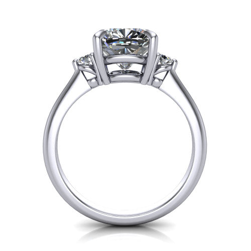 Olive cushion three stone engagement ring in 18K White Gold, through-finger front profile showing the three-stone head raised above the slim polished shank and trellis gallery