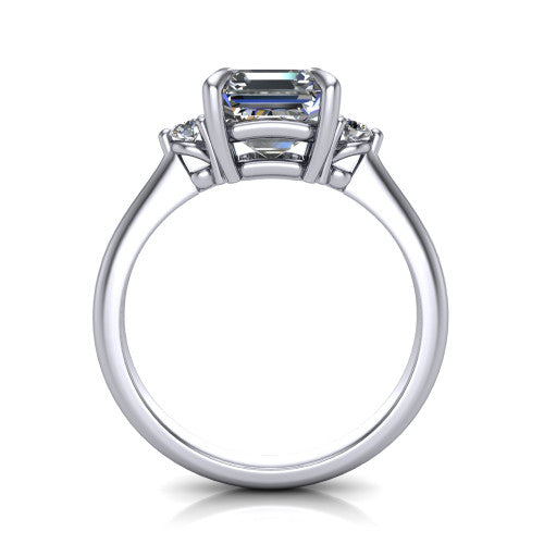 Olive asscher three stone engagement ring in Platinum, through-finger front profile showing the three-stone head raised above the slim polished shank and trellis gallery