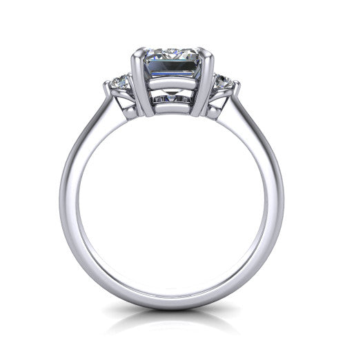 Olive emerald three stone engagement ring in 14K White Gold, through-finger front profile showing the three-stone head raised above the slim polished shank and trellis gallery