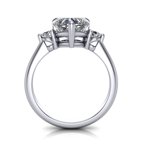 Olive heart three stone engagement ring in 18K White Gold, through-finger front profile showing the three-stone head raised above the slim polished shank and trellis gallery