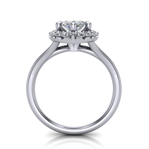Olive marquise three stone engagement ring in Platinum, through-finger front profile showing the three-stone head raised above the slim polished shank and trellis gallery