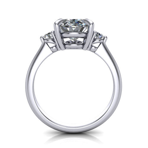 Olive oval three stone engagement ring in 18K White Gold, through-finger front profile showing the three-stone head raised above the slim polished shank and trellis gallery