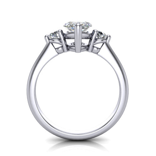 Olive pear three stone engagement ring in 14K White Gold, through-finger front profile showing the three-stone head raised above the slim polished shank and trellis gallery