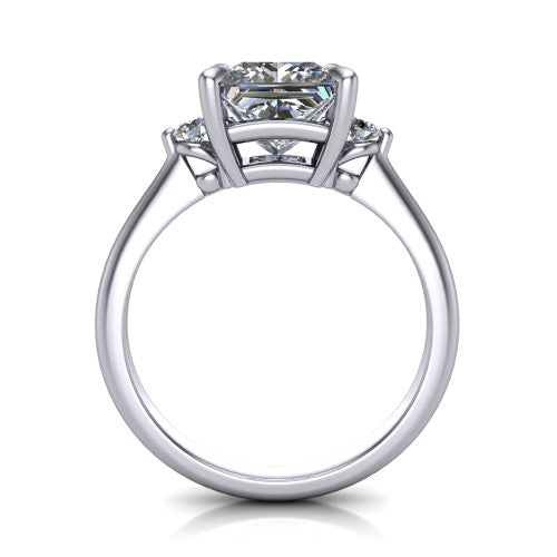 Olive princess three stone engagement ring in Platinum, through-finger front profile showing the three-stone head raised above the slim polished shank and trellis gallery