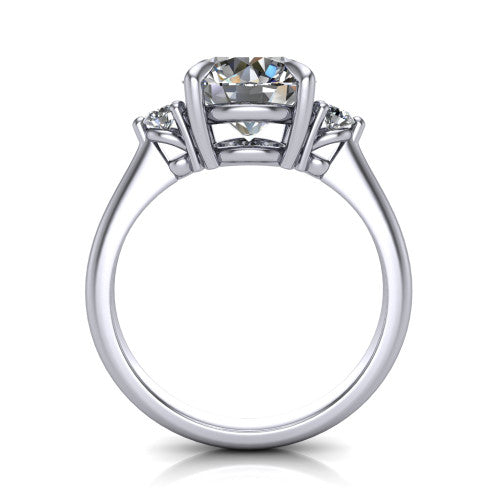Olive round three stone engagement ring in 18K White Gold, through-finger front profile showing the three-stone head raised above the slim polished shank and trellis gallery