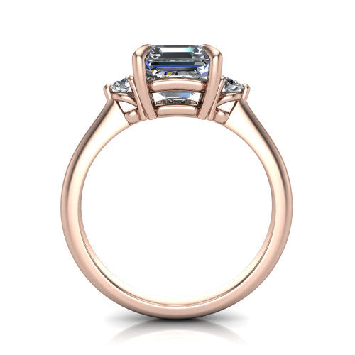 Olive asscher three stone engagement ring in 14K Rose Gold, through-finger front profile showing the three-stone head raised above the slim polished shank and trellis gallery