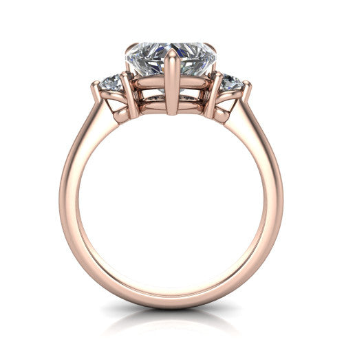 Olive heart three stone engagement ring in 18K Rose Gold, through-finger front profile showing the three-stone head raised above the slim polished shank and trellis gallery