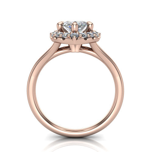 Olive marquise three stone engagement ring in 14K Rose Gold, through-finger front profile showing the three-stone head raised above the slim polished shank and trellis gallery