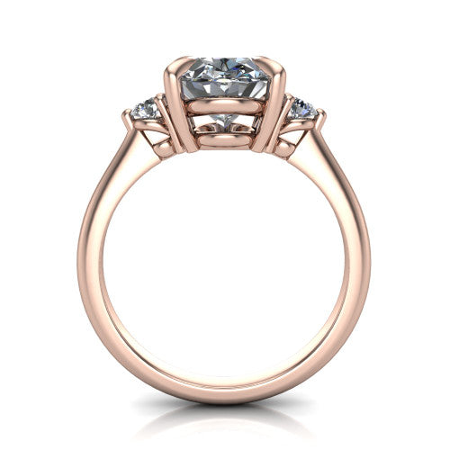 Olive oval three stone engagement ring in 14K Rose Gold, through-finger front profile showing the three-stone head raised above the slim polished shank and trellis gallery