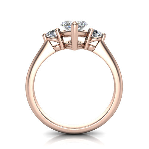 Olive pear three stone engagement ring in 18K Rose Gold, through-finger front profile showing the three-stone head raised above the slim polished shank and trellis gallery
