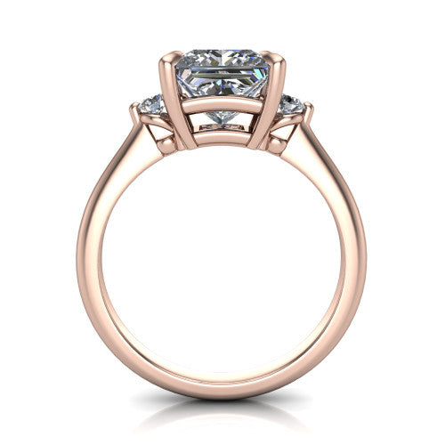 Olive princess three stone engagement ring in 14K Rose Gold, through-finger front profile showing the three-stone head raised above the slim polished shank and trellis gallery