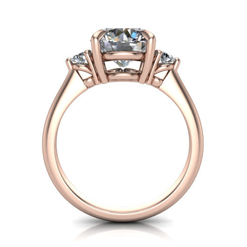 Olive round three stone engagement ring in 14K Rose Gold, through-finger front profile showing the three-stone head raised above the slim polished shank and trellis gallery