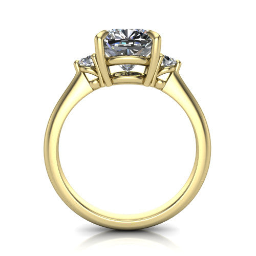 Olive cushion three stone engagement ring in 14K Yellow Gold, through-finger front profile showing the three-stone head raised above the slim polished shank and trellis gallery