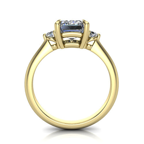 Olive emerald three stone engagement ring in 14K Yellow Gold, through-finger front profile showing the three-stone head raised above the slim polished shank and trellis gallery