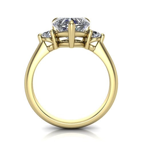 Olive heart three stone engagement ring in 14K Yellow Gold, through-finger front profile showing the three-stone head raised above the slim polished shank and trellis gallery