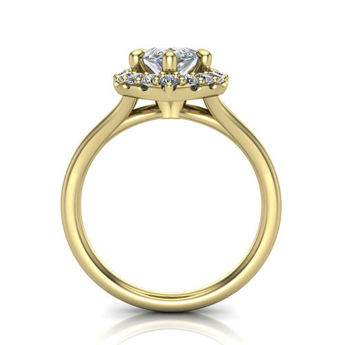 Olive marquise three stone engagement ring in 18K Yellow Gold, through-finger front profile showing the three-stone head raised above the slim polished shank and trellis gallery