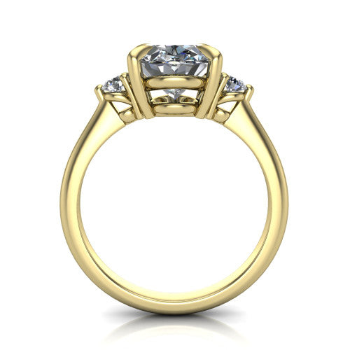 Olive oval three stone engagement ring in 14K Yellow Gold, through-finger front profile showing the three-stone head raised above the slim polished shank and trellis gallery