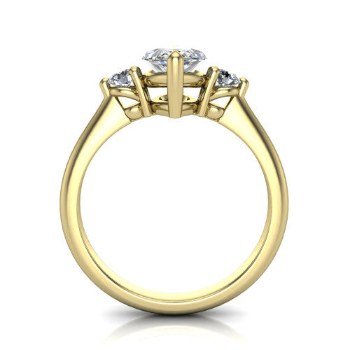 Olive pear three stone engagement ring in 14K Yellow Gold, through-finger front profile showing the three-stone head raised above the slim polished shank and trellis gallery