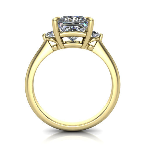 Olive princess three stone engagement ring in 14K Yellow Gold, through-finger front profile showing the three-stone head raised above the slim polished shank and trellis gallery