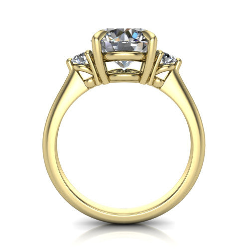 Olive round three stone engagement ring in 18K Yellow Gold, through-finger front profile showing the three-stone head raised above the slim polished shank and trellis gallery