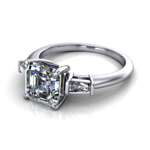 Jade asscher three stone engagement ring in Platinum with tapered baguette side stones, three-quarter perspective view