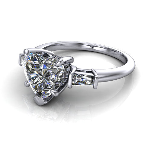 Jade heart three stone engagement ring in Platinum with tapered baguette side stones, three-quarter perspective view