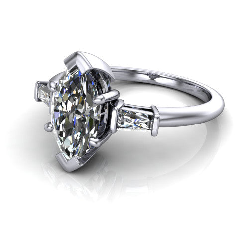 Jade marquise three stone engagement ring in 18K White Gold with tapered baguette side stones, three-quarter perspective view