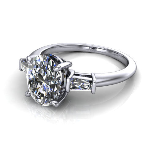Jade oval three stone engagement ring in 14K White Gold with tapered baguette side stones, three-quarter perspective view