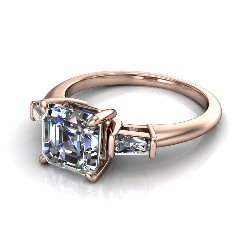 Jade asscher three stone engagement ring in 18K Rose Gold with tapered baguette side stones, three-quarter perspective view
