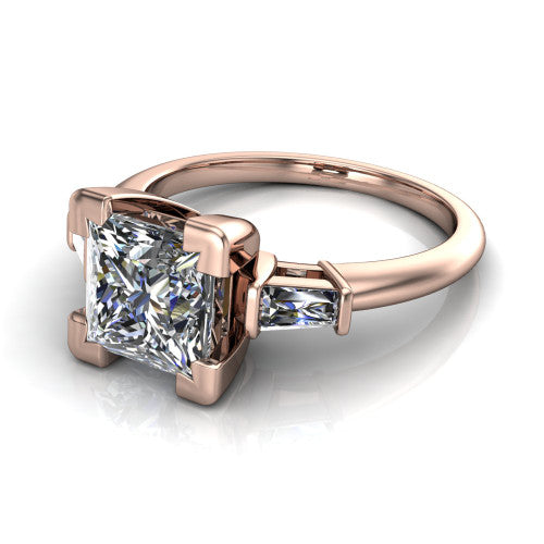 Jade princess three stone engagement ring in 18K Rose Gold with tapered baguette side stones, three-quarter perspective view